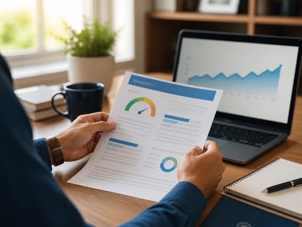 Person reviewing credit report on laptop with coffee